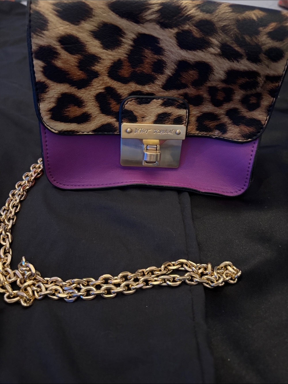 Betsey Johnson Purple and Leopard Print Crossbody with Gold Chain